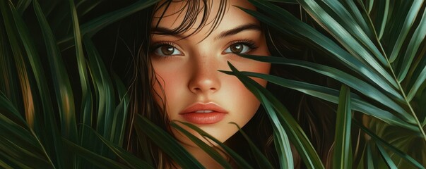 Fototapeta premium Young woman hidden among lush green leaves with intense gaze