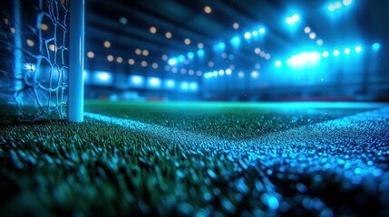 Fototapeta premium Night soccer goal close-up on wet field with stadium lights