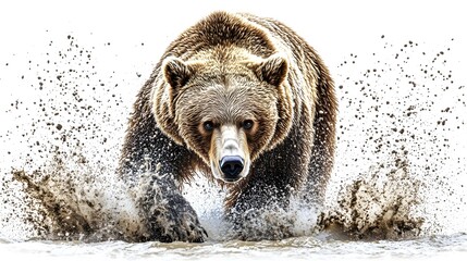 Fototapeta premium Grizzly Bear Running Through Water Creating Splashes in Natural Habitat
