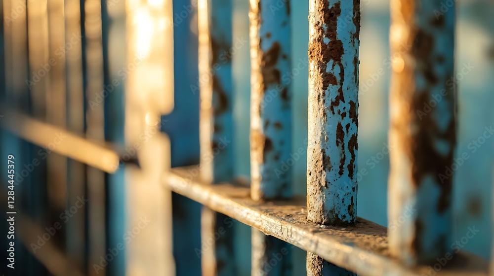 Poster closeup of rusty metal bars reflecting sunlight in an industrial and abstract background setting : g