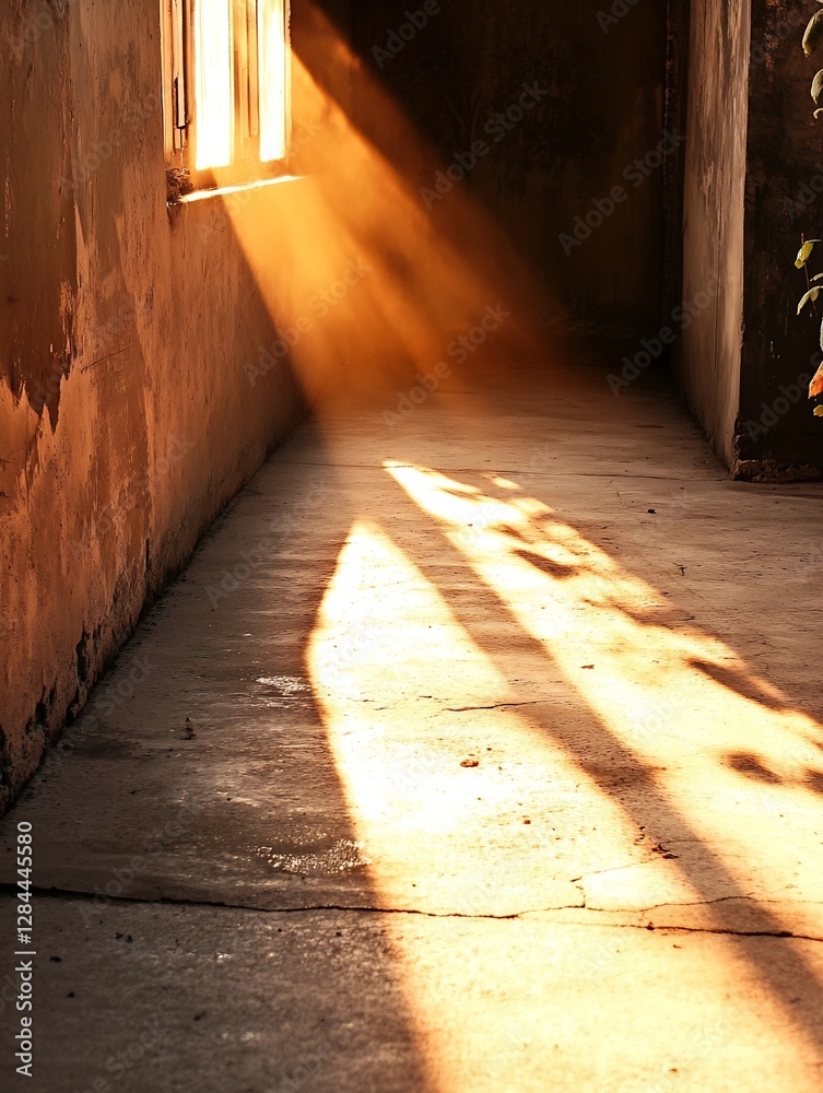 Leinwandbilder Beautiful sunlight streams through a window illuminating a rustic corridor with shadows on the floor : Generative AI
