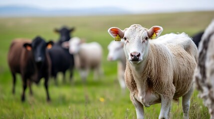 Peaceful countryside view of a curious white cow amid a herd grazing in lush green pastures : Generative AI