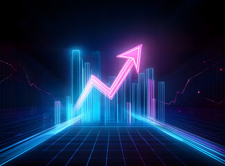 Double exposure image of a glowing graph with an upward arrow, representing growth and progress in a futuristic digital style. Neon blue and pink lines create a modern visual.