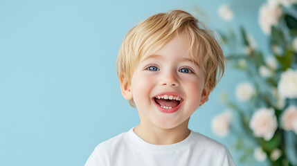 Delicate pink flower arrangement on pastel blue background