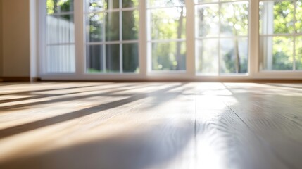 Obraz premium Serene indoor space with wooden floor illuminated by morning light from large windows : Generative AI