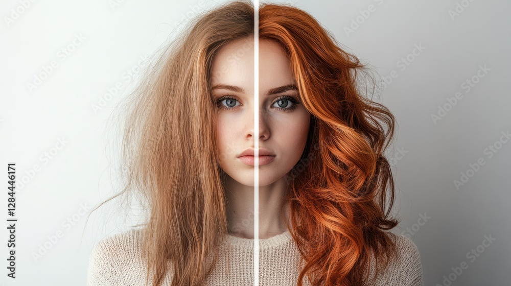 Poster transformation of hairstyle displayed by woman with unkempt hair on one side and stylish curls on th