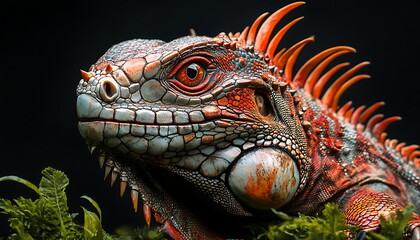 Fototapeta premium A colorful lizard with its eyes open looking, Generative AI