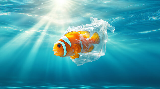An orange clownfish struggles to swim inside a transparent plastic bag in clear blue water, with sunlight penetrating the surface, highlighting the urgent environmental issue of marine pollution