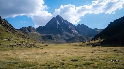 Fototapeta premium Breathtaking mountain landscape with grassy valley and dramatic clouds in the background : Generative AI