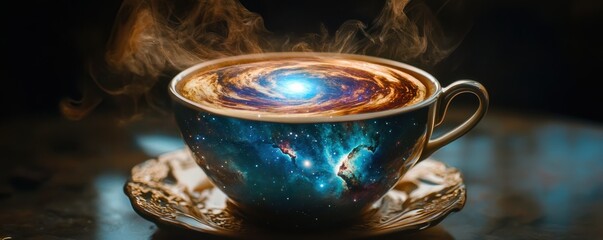 Creative cosmic coffee: a cup with galaxy and nebula swirls enveloped in mystical steam
