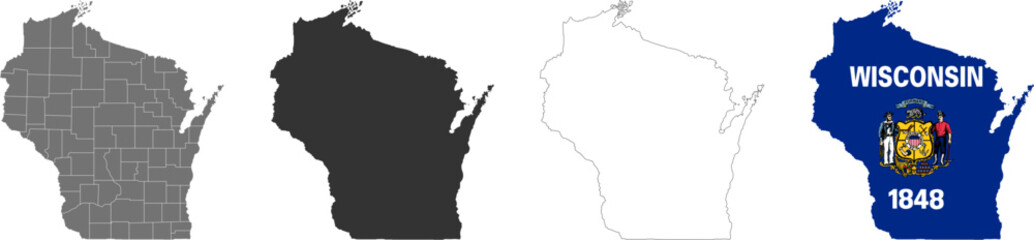 Wisconsin state of USA. Wisconsin flag and territory. States of America territory on white background. Separate states. Vector illustration