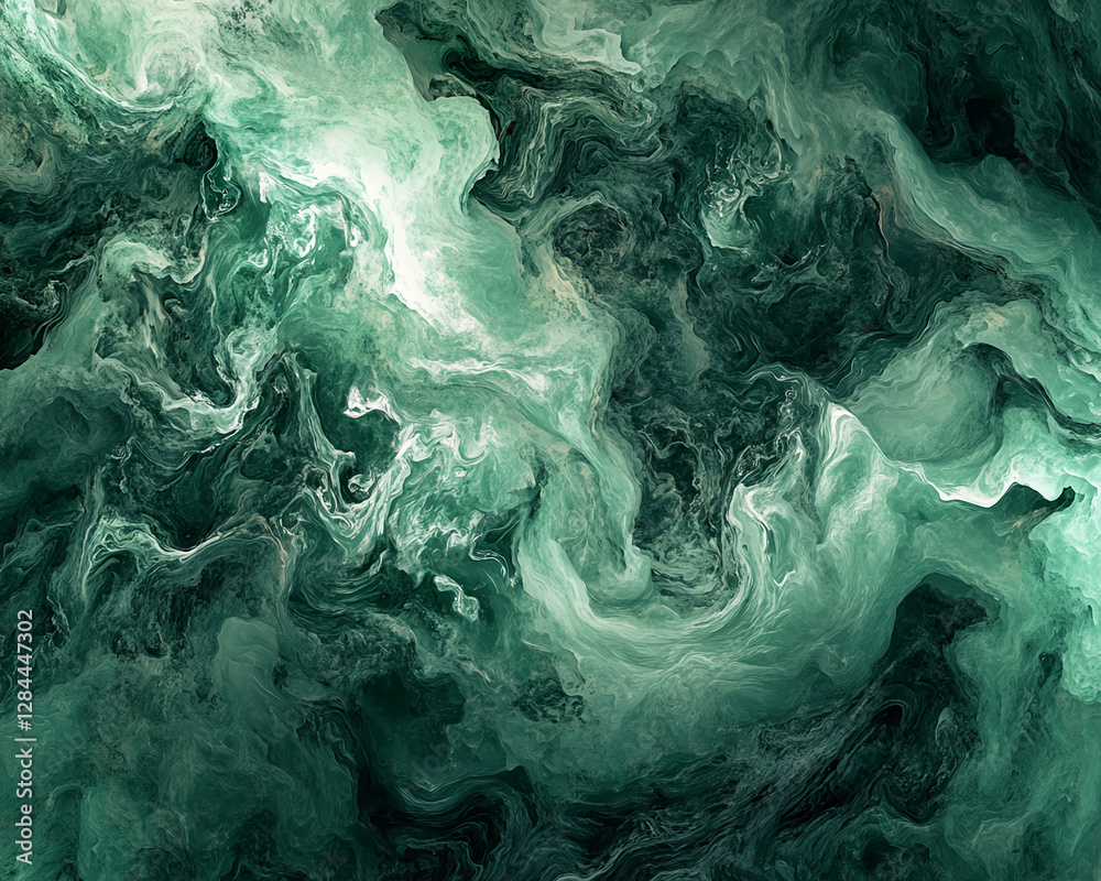 Poster a close-up of swirling green and white abstract fluid textures, symbolizing motion and energy with i