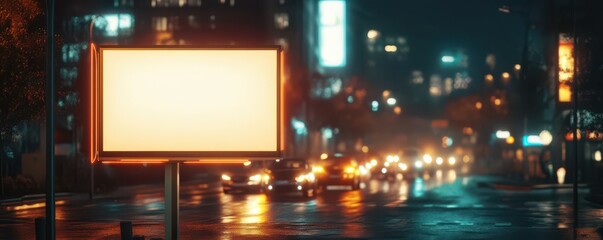 Obraz premium Illuminated blank billboard on busy city street at night