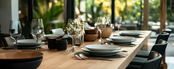 Elegant dining table set with glassware and dinner plates in sunlit room