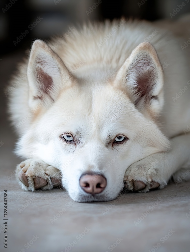 Poster Serene Portrait of a Relaxed White Siberian Husky Lying on Floor with Calm Expression Highlighting Its Unique Features : Generative AI