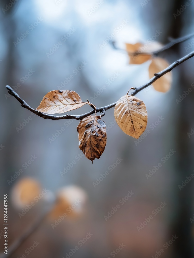 Poster closeup view of dried autumn leaves on a branch creating a moody and atmospheric scene : generative 