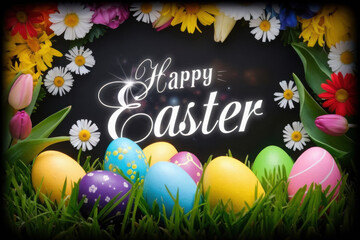 Happy Easter background with message, rustic easter eggs and flowers scene
