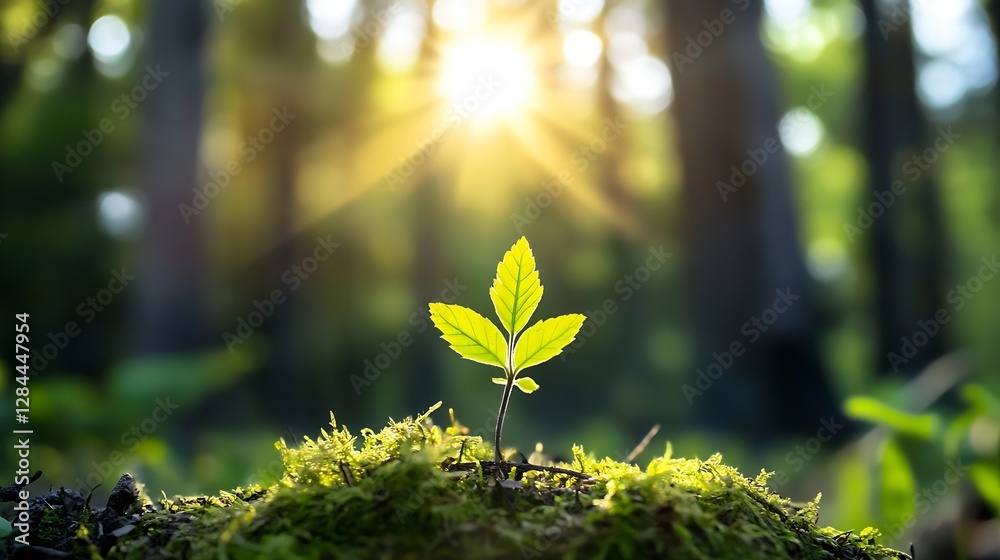 Leinwandbilder delicate green sprout emerging from mossy ground with sun rays in a dreamy forest setting : generati