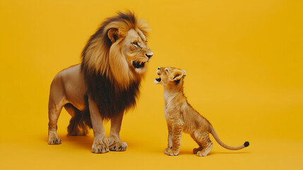 Happy Fathers Day Poster. Dad Lion and baby Lion. Space for writing.