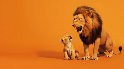 Happy Fathers Day Poster. Dad Lion and baby Lion. Space for writing.