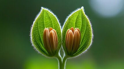 Close up of beautiful young green chestnut leaves that have opened like a fan against a blurred green background