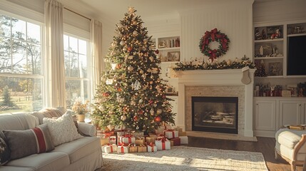 Festive Christmas tree in living room, gifts under it, sunlit windows, fireplace background; holiday card