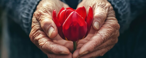 Elderly hands holding red tulip with care and gentleness