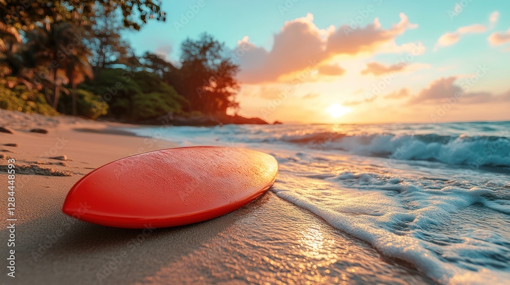 Poster Orange surfboard on tropical beach at sunset