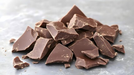 Close Up View of Broken Chocolate Pieces Piled on a Smooth Grey Table Surface