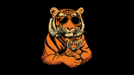 Happy Fathers Day Poster. Dad Tiger and baby Tiger. Space for writing.