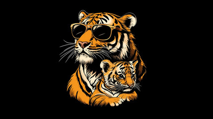 Happy Fathers Day Poster. Dad Tiger and baby Tiger. Space for writing.