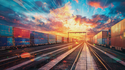 Fototapeta premium Global business of Container Cargo freight train for Business logistics concept, Air cargo trucking, Rail transportation and maritime shipping, Online goods orders worldwide. Container truck in ship