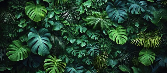 Fototapeta premium A wall of lush, green tropical leaves and plants, photorealistic, with a dark background, in a top-down view.