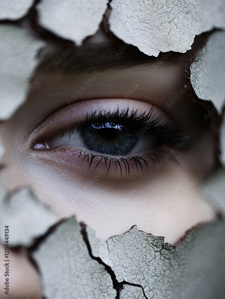 Poster captivating portrait of a woman's eye surrounded by cracked skin creating a unique artistic effect :