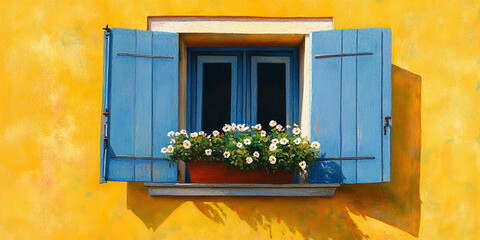 blue wooden elegant italian windows on yellow facade with flowers and shutters