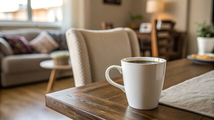 white mug of beverage placed on wooden dining table with chair in cozy room with blurred background at home