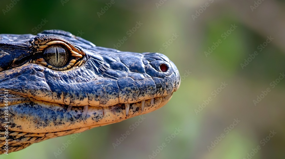 Poster close up of a majestic crocodile showcasing its textured skin and sharp eyes against a blurred green
