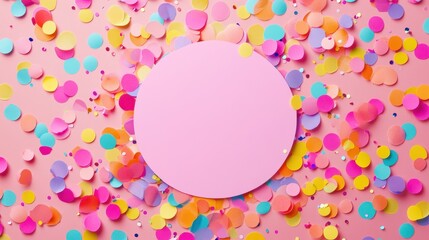 Colorful party confetti on a pink background with a blank round space in the center for text or design.