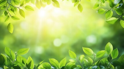 A vibrant frame of green leaves captures sunlight filtering through, creating a tranquil and serene atmosphere.