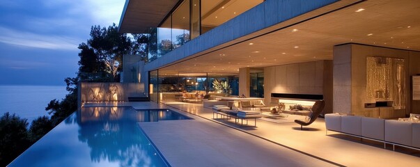 Fototapeta premium Modern luxury beachfront villa at dusk with infinity pool and glass walls overlooking ocean