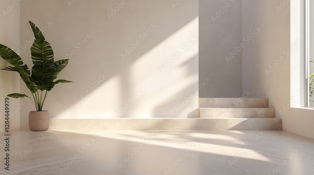 Poster minimalistic interior space with soft natural light highlighting a stairway and potted plant for a c