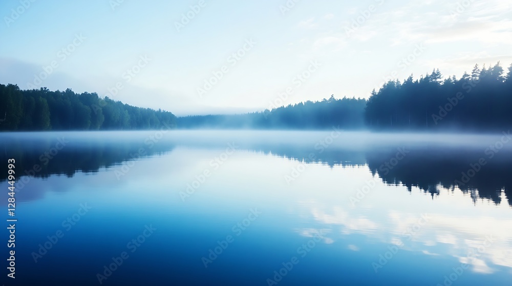 Poster serene misty lake surrounded by lush green forests reflecting the calm sky in a tranquil setting : g