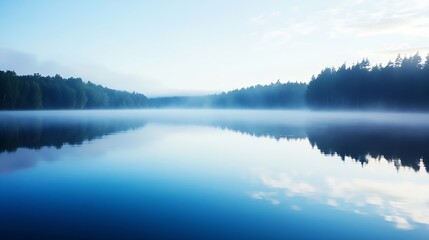 Fototapeta premium Serene misty lake surrounded by lush green forests reflecting the calm sky in a tranquil setting : Generative AI