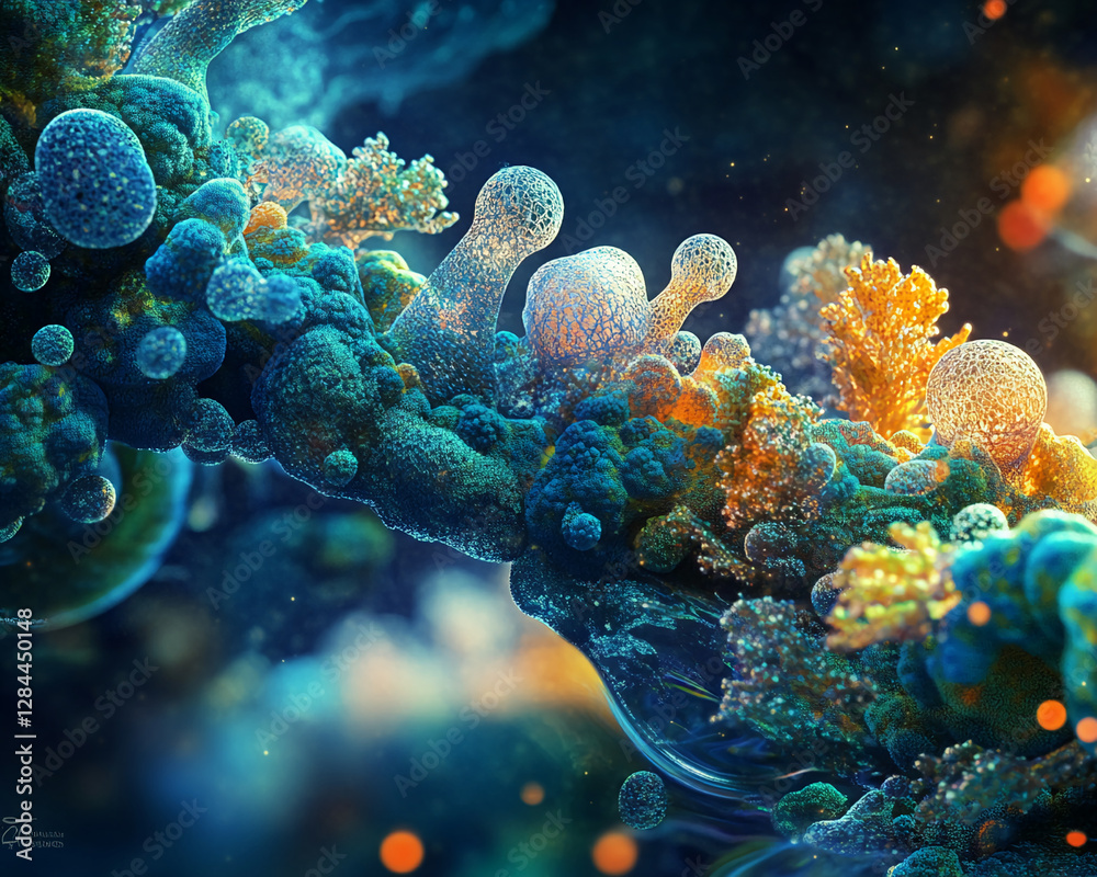 Poster Close-up view of vibrant and colorful abstract biological structures, featuring bubbles and intricate patterns, symbolizing the beauty of microorganisms or cosmic phenomena.