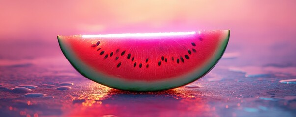 Obraz premium Glowing watermelon slice with neon light on wet surface in vibrant sunset background
