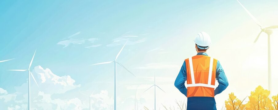 Engineer in orange vest and helmet inspecting wind farm on a sunny day