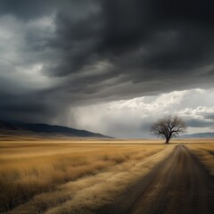 Obraz premium A breathtaking view showcases a solitary tree standing in a golden field, with dark clouds looming overhead. The winding dirt road leads into the distance, inviting exploration at dusk