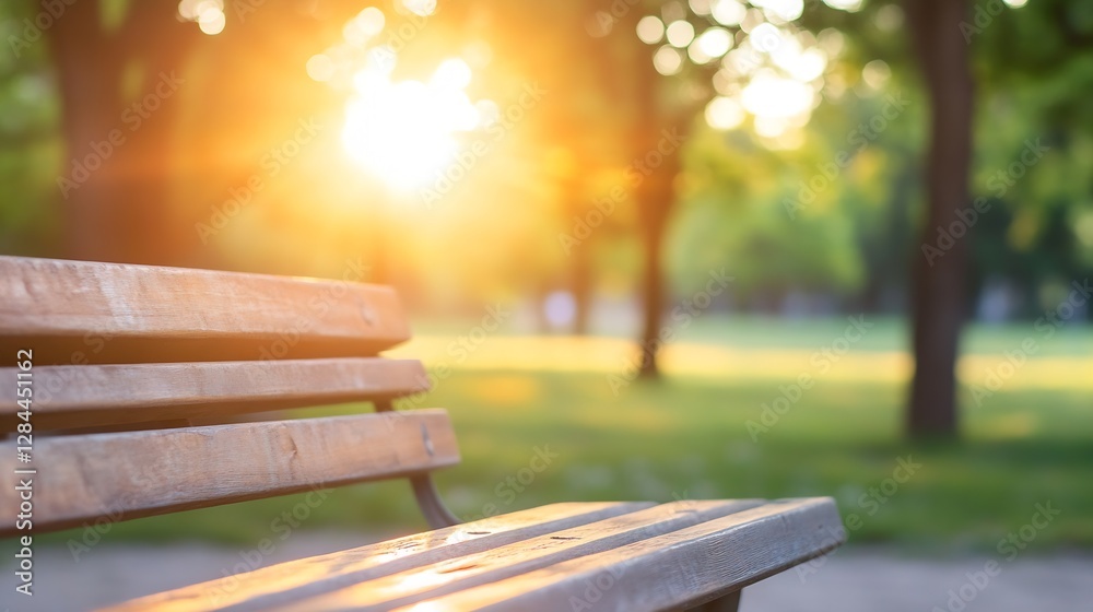 Aufkleber Beautiful sun rays shining through trees illuminating an empty park bench : Generative AI