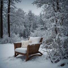 Outdoor furniture is covered with snow in a winter. Winter patio and garden during snowfall. Back yard of house, trees and standing outdoor furniture covered in snow. Snowy winter day, cold weather