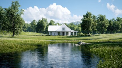 Obraz premium White farmhouse, tranquil pond, green landscape, sunny day, real estate